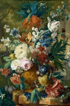 Flores en un jarrón con corona imperial y flor de manzano en la parte superior y una estatua de Jan van Huysum Pinturas al óleo